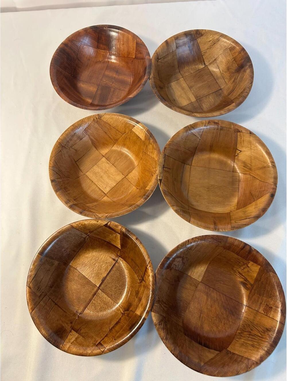 Set of 6 Woven Parquet Wooden Salad Bowls 6” Brown Handcrafted Wood